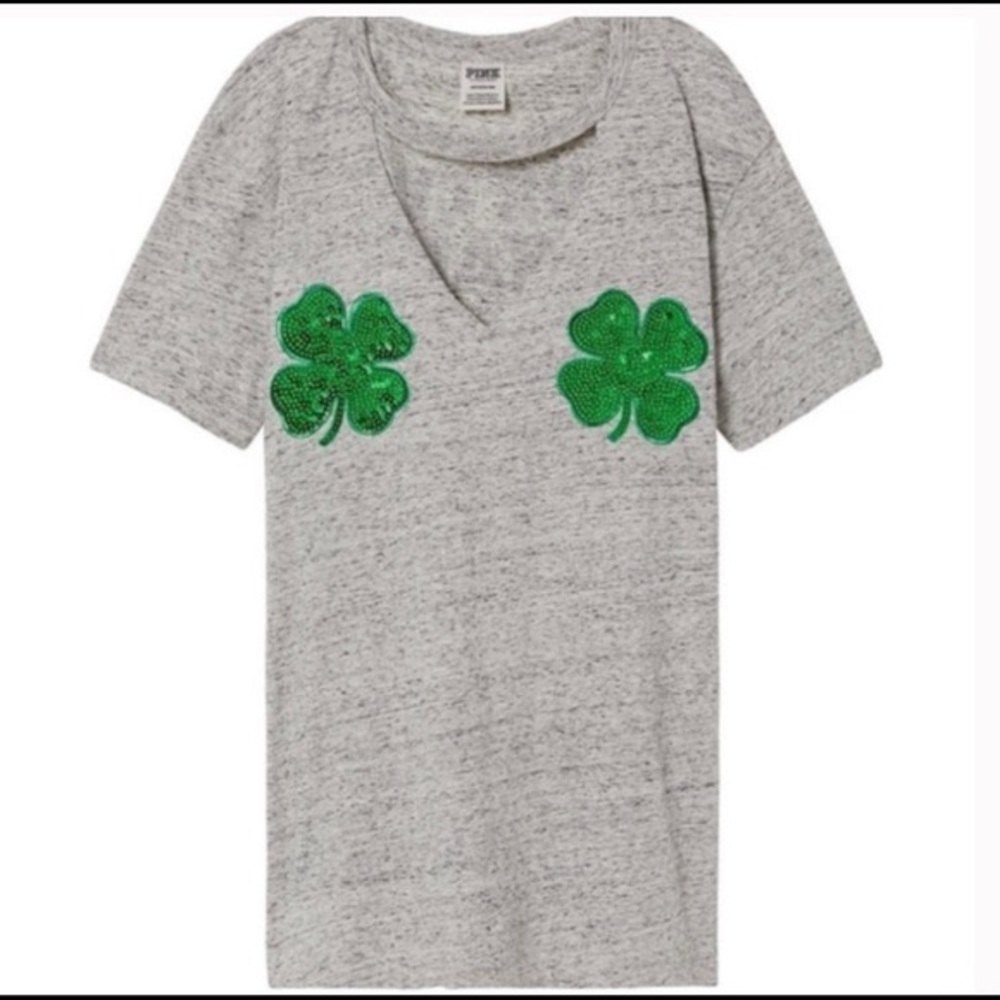 PINK Victoria Secret Sequin Shamrock Clover Tee